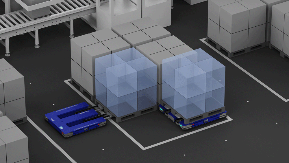 Animation of pallet-handling AMRs moving pallets between marked floor positions