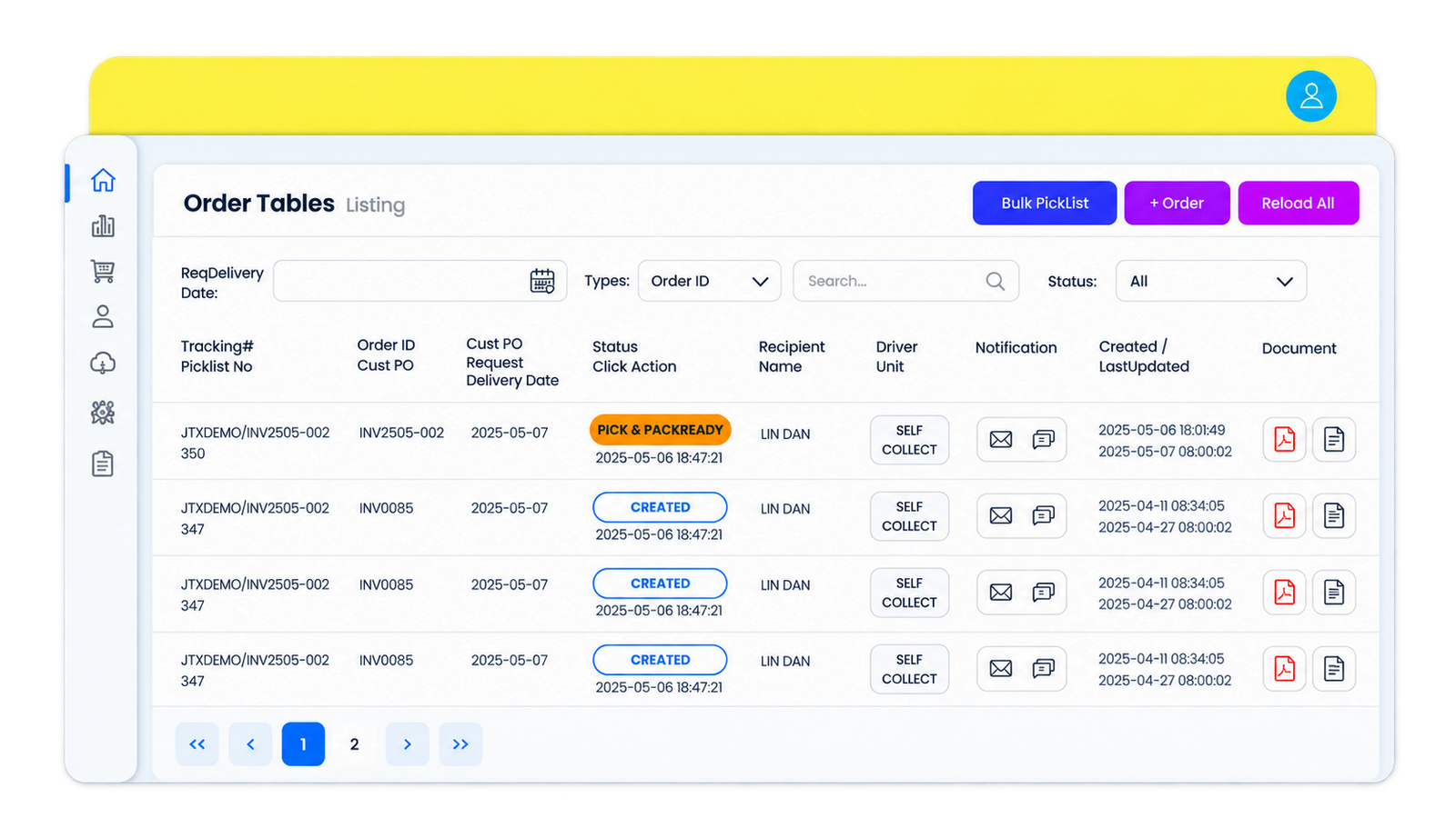 Warehouse management system dashboard